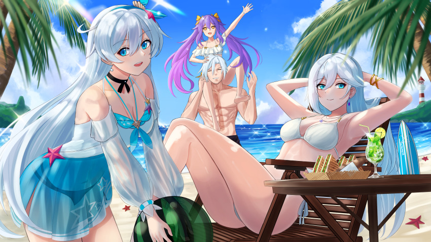1boy, 3girls, :d, abs, absurdres, aircell, arms_behind_head, ball, beach, beach_chair, beachball, bikini, black_male_swimwear, black_swim_trunks, blue_eyes, blue_sky, cecilia_schariac, closed_eyes, cloud, cloudy_sky, cosplay, crossed_legs, dress, drinking_straw, family, father_and_child, father_and_daughter, food, fruit, glass, grin, hair_between_eyes, hair_ornament, highres, holding, holding_ball, holding_beachball, honkai_(series), honkai_impact_3rd, juice, kiana_kaslana, kiana_kaslana_(herrscher_of_the_void), kiana_kaslana_(parasol_kaiserin), lime_(fruit), lime_slice, long_hair, looking_at_viewer, lying, male_swimwear, mother_and_child, mother_and_daughter, multiple_girls, on_back, open_mouth, outdoors, over_shoulder, palm_tree, parent_and_child, purple_hair, sand, sandwich, siegfried_kaslana, sirin, sky, smile, starfish, starfish_hair_ornament, summer, summer_uniform, sundress, swim_trunks, swimsuit, table, teeth, tray, tree, water, white_bikini, white_hair, yellow_eyes