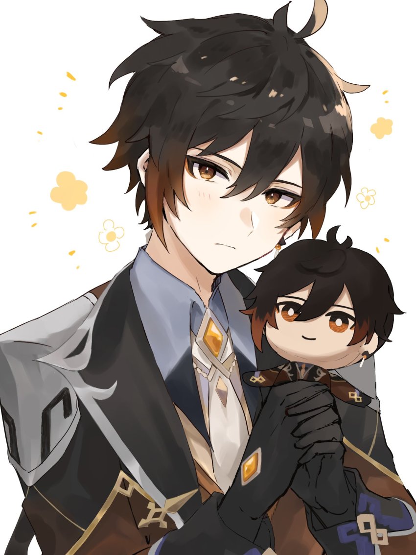 1boy, black_gloves, black_hair, blush, brown_eyes, brown_hair, character_doll, closed_mouth