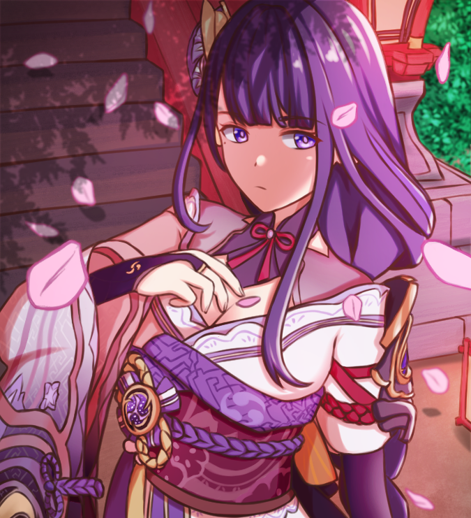 1girl, =w=, armor, braid, breasts, bridal_gauntlets, cleavage, closed_mouth, commentary_request, falling_petals, floral_print, flower, genshin_impact, hair_ornament, japanese_clothes, kimono, large_breasts, long_hair, long_sleeves, looking_at_viewer, mitsudomoe_(shape), mole, mole_under_eye, nail_polish, obi, obiage, obijime, petals, purple_eyes, purple_flower, purple_hair, purple_nails, raiden_shogun, ribbon, sash, shoulder_armor, solo, stairs, tassel, tomoe_(symbol), wide_sleeves