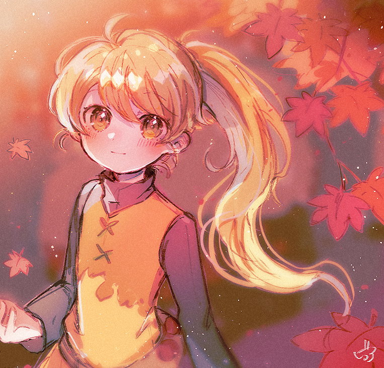 1girl, ahoge, autumn_leaves, biko0205, blonde_hair, blurry, blush, closed_mouth, commentary_request, floating_hair, leaf, long_hair, long_sleeves, looking_at_viewer, nintendo, orange_eyes, orange_tunic, pokemon, pokemon_adventures, ponytail, shirt, smile, solo, tunic, yellow_(pokemon)