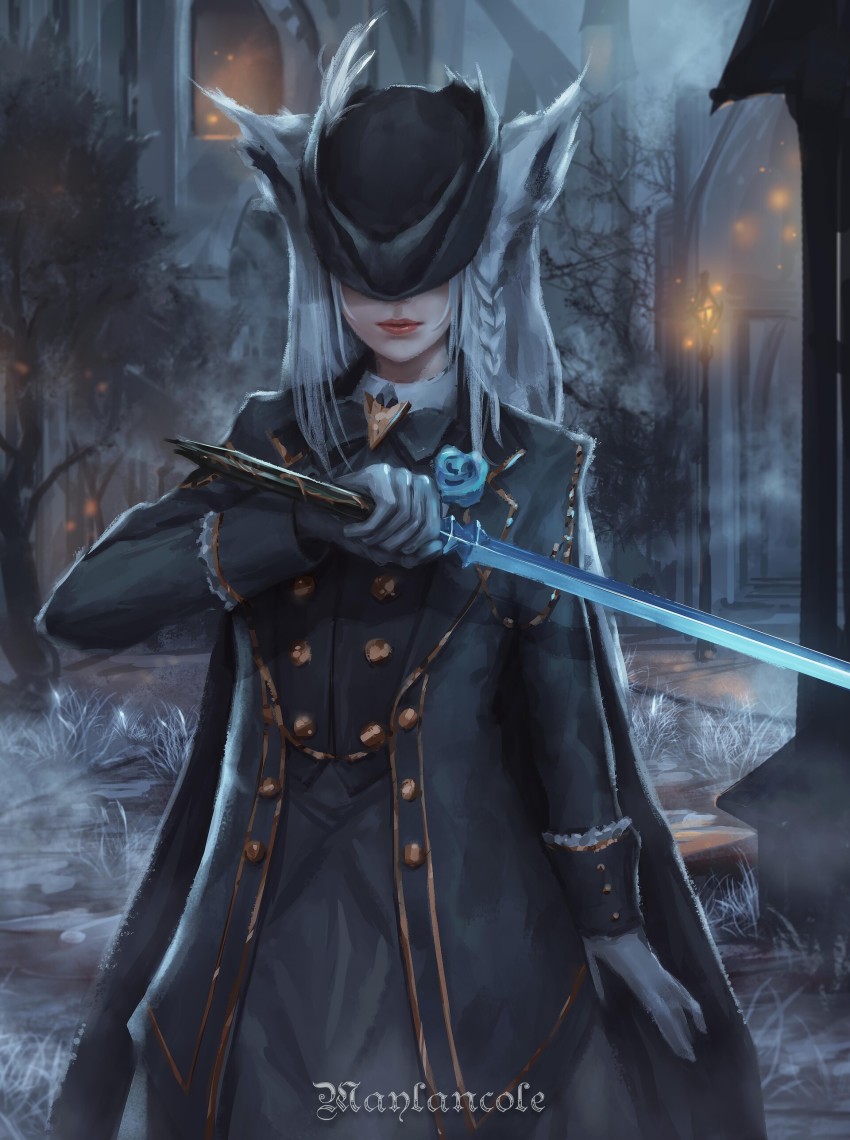 1girl, absurdres, animal_ears, architecture, artist_name, black_cape, black_coat, black_headwear, black_shirt, bloodborne, braid, buttons, cape, coat, cosplay, covered_eyes, double-breasted, flower, fox_ears, gloves, hat, highres, holding, holding_sword, holding_weapon, hololive, lady_maria_of_the_astral_clocktower, lady_maria_of_the_astral_clocktower_(cosplay), lamppost, light_particles, lips, maylancole, open_clothes, open_coat, parody, rose, shirakami_fubuki, shirt, sidelocks, sword, tree, tricorne, victorian, virtual_youtuber, weapon, white_gloves, white_shirt