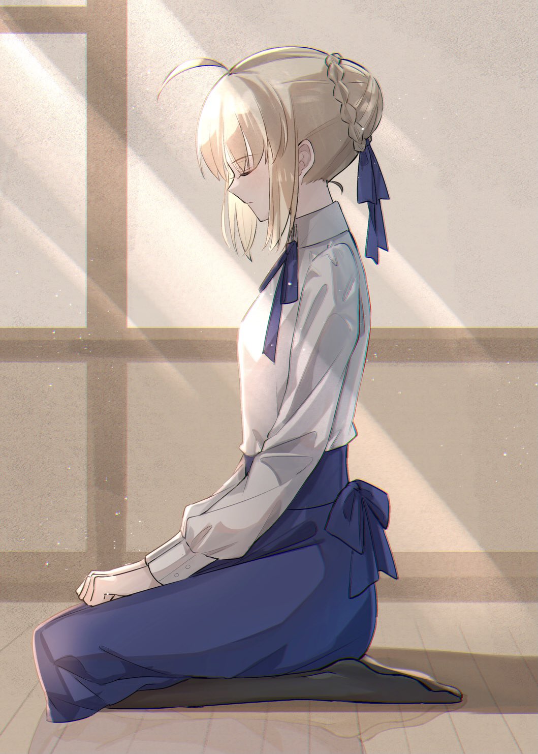 1girl, ahoge, artoria_pendragon_(fate), blonde_hair, blouse, blue_ribbon, blue_skirt, braid