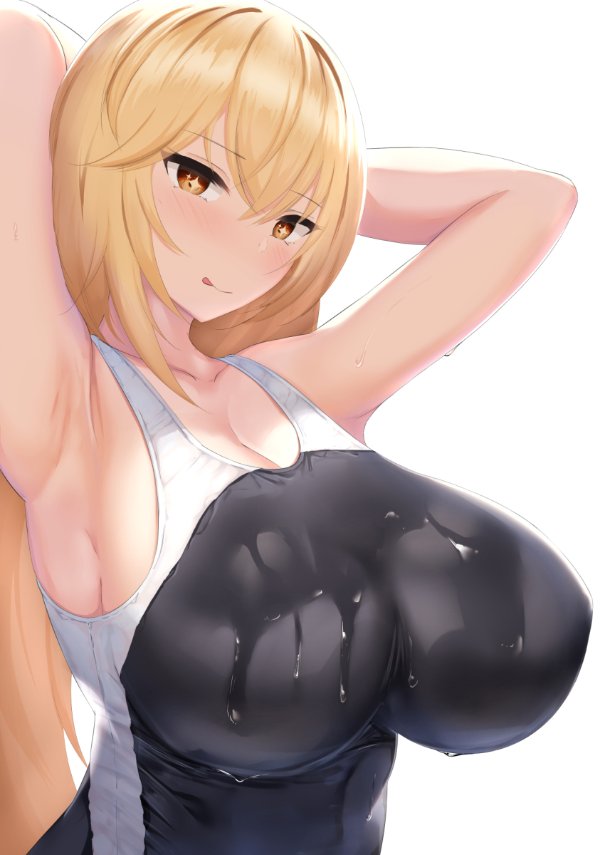 +_+, 1girl, 2021, 20s, alternate_breast_size_(larger), armpits, arms_behind_head, arms_up