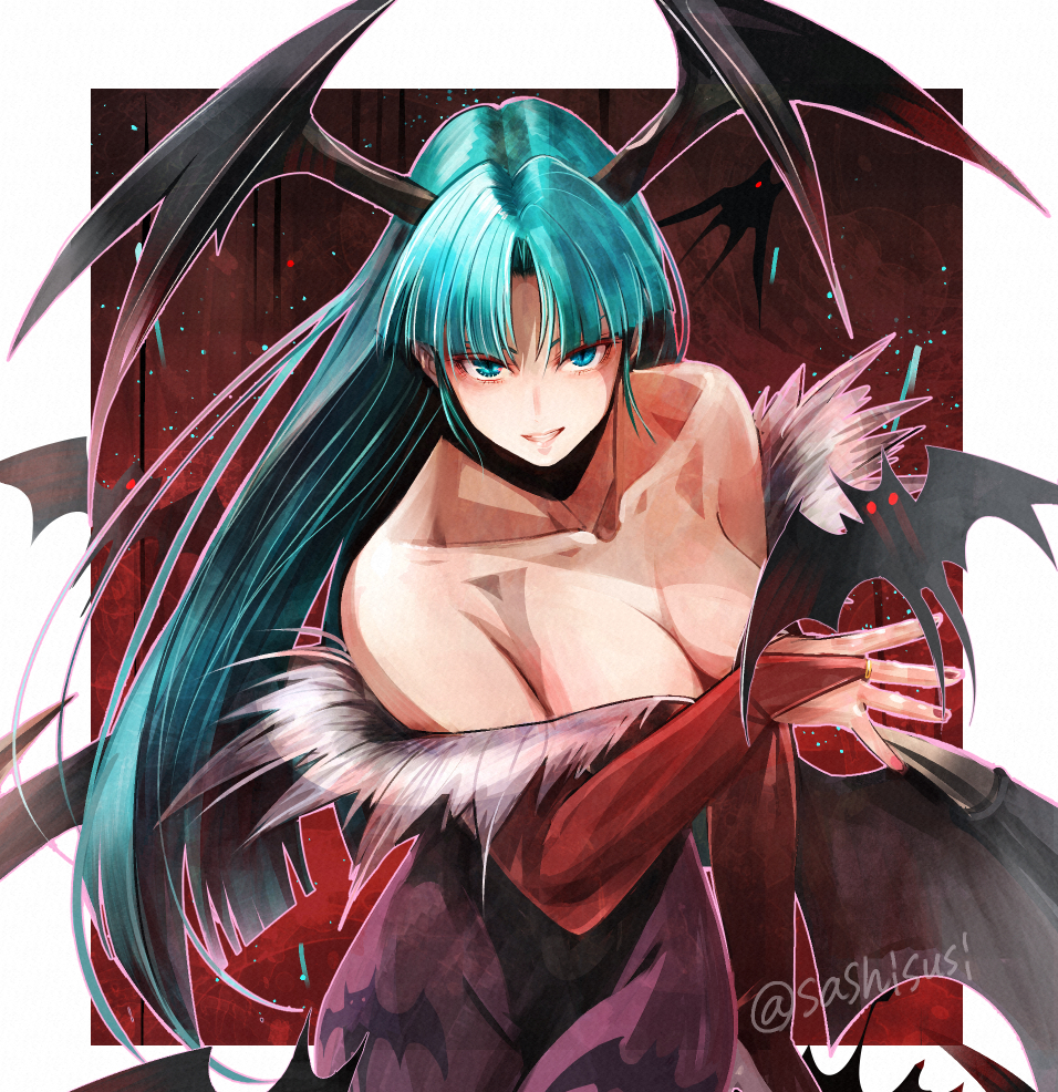 1girl, animal_print, artist_name, bare_shoulders, bat_print, bat_wings, black_leotard, blunt_bangs