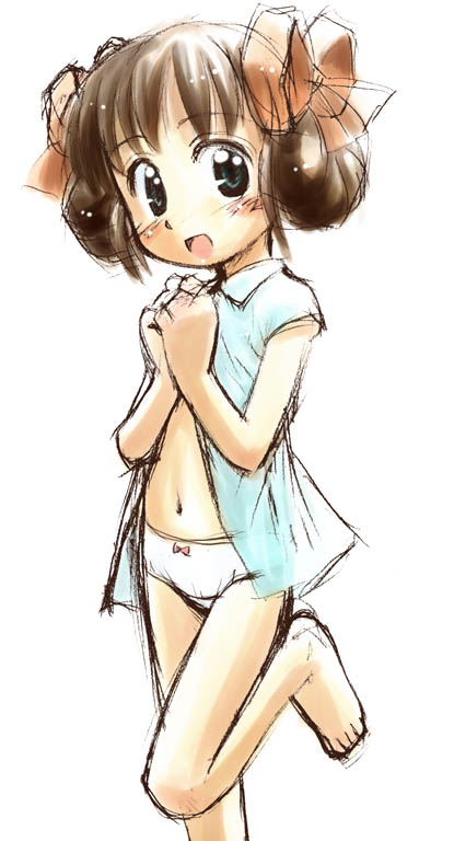 00s, 1girl, :d, blush, bow, female_focus, gunparade_march, hair_bow, higashihara_nonomi, kokekokko_coma, navel, open_mouth, own_hands_together, panties, simple_background, smile, solo, standing, standing_on_one_leg, tareme, underwear, white_background, white_panties