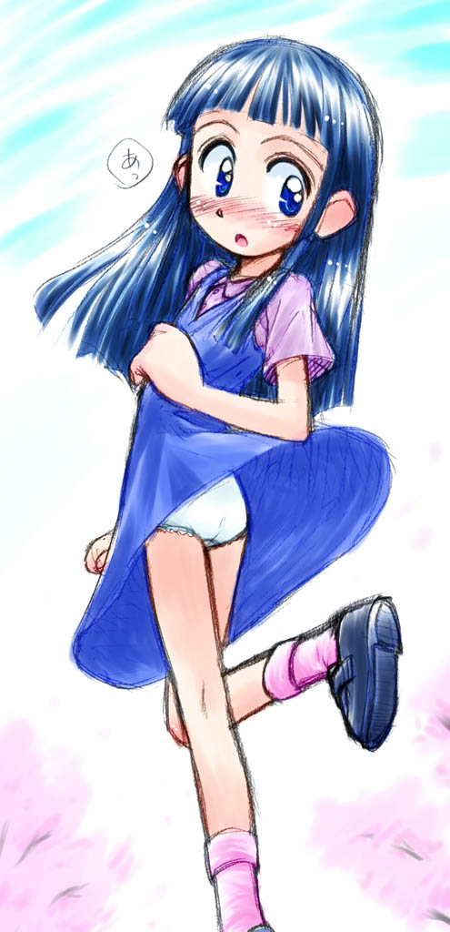 00s, 1girl, blue_dress, blue_eyes, blue_hair, blush, dress, female_focus, koizumi_marina, kokekokko_coma, long_hair, ojamajo_doremi, panties, shoes, socks, solo, standing, standing_on_one_leg, underwear, white_panties, wind, wind_lift