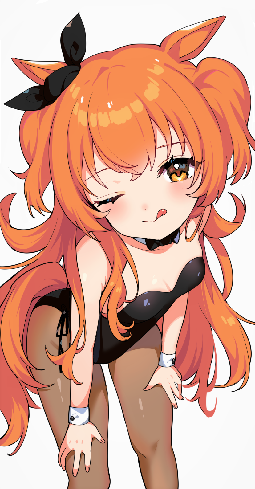 1girl, animal_ears, black_leotard, blush, brown_pantyhose, closed_mouth, feet_out_of_frame, hair_between_eyes