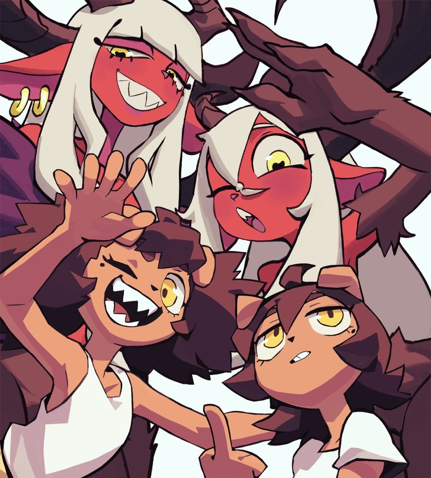 4girls, animal_ears, artist_collaboration, baphomet_(niking), brown_hair, colo_(nagrolaz), demon_girl, dog_ears, earrings, furry, grin, hair_between_eyes, heart, heart-shaped_pupils, highres, horns, jewelry, middle_finger, mole, mole_under_eye, multiple_girls, niking, one_eye_closed, open_mouth, original, sharp_teeth, sidelocks, simple_background, smile, symbol-shaped_pupils, tank_top, teeth, waving, white_background, white_hair, white_tank_top