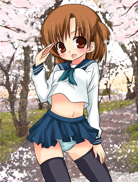 1girl, black_thighhighs, blue_neckerchief, blue_skirt, blush, breasts, brown_hair, day