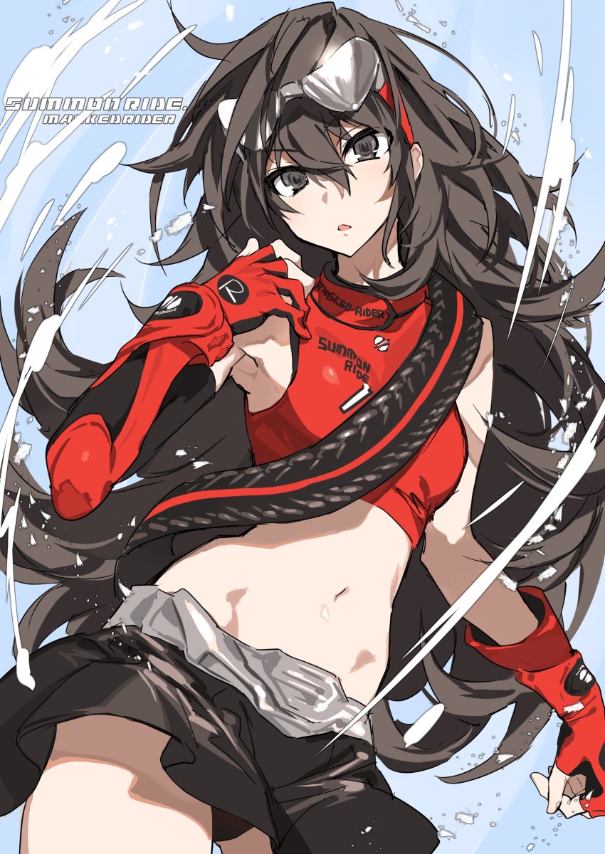 1girl, absurdres, arm_warmers, armpits, bad_id, bad_twitter_id, bare_shoulders, black_eyes, black_hair, black_panties, black_skirt, breasts, check_copyright, comeo_(komeo15), copyright_request, cosplay, cowboy_shot, crop_top, floating_hair, gloves, goggles, goggles_on_head, groin, hand_up, highres, kamen_rider, kamen_rider_drive, kamen_rider_drive_(cosplay), kamen_rider_drive_(series), long_hair, looking_at_viewer, midriff, miniskirt, navel, original, panties, panty_peek, parted_lips, red_gloves, red_shirt, revealing_clothes, shirt, skirt, sleeveless, sleeveless_shirt, small_breasts, solo, stomach, strap, underwear, v-shaped_eyebrows