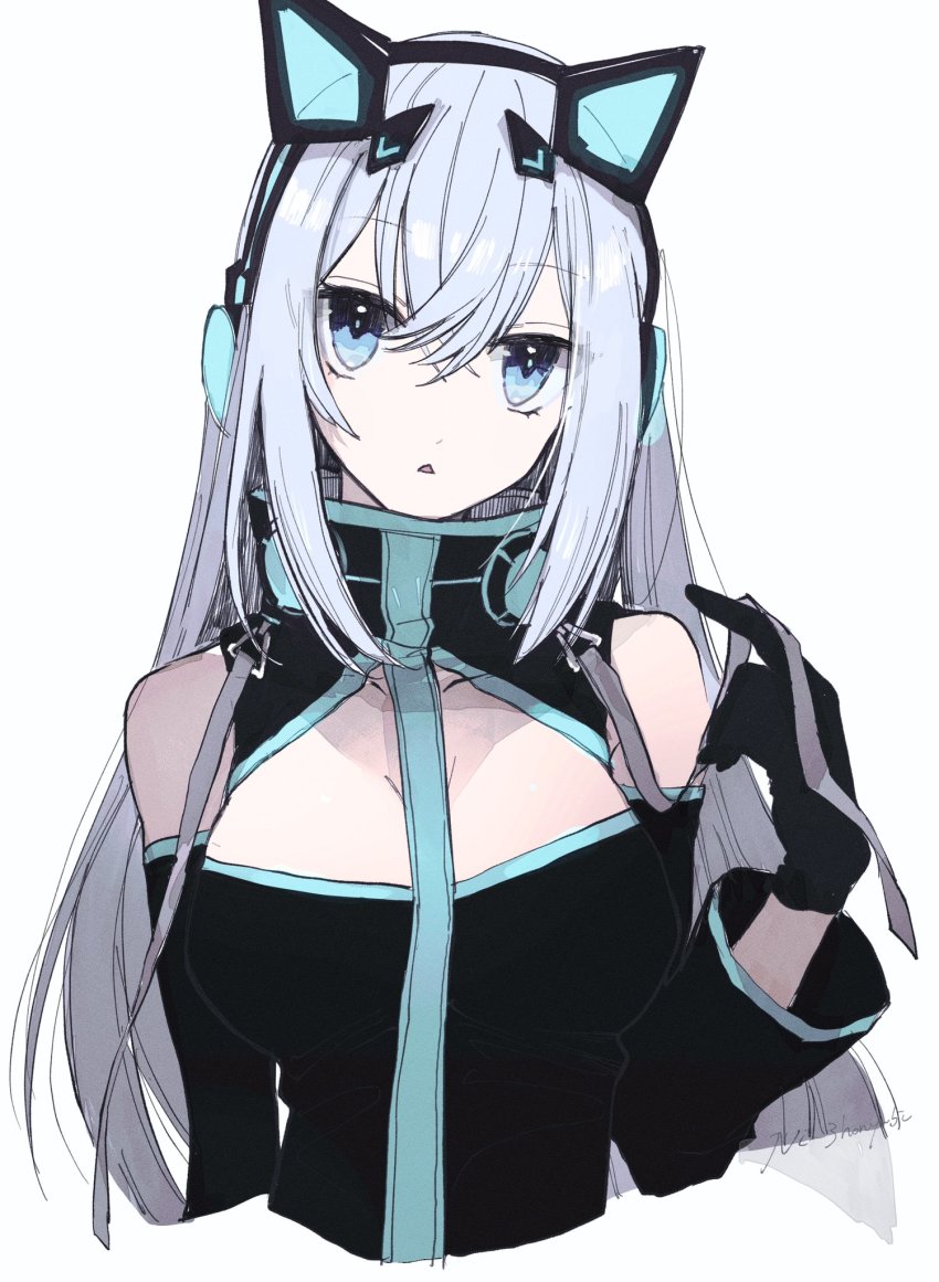 1girl, animal_ear_headphones, animal_ears, black_dress, blue_eyes, blue_hair, breasts, cat_ear_headphones, cat_ears, cleavage, detached_sleeves, dress, fake_animal_ears, hair_between_eyes, headphones, highres, looking_at_viewer, medium_breasts, nisanhonyubi, open_mouth, original, pointing, pointing_at_self, restya, solo