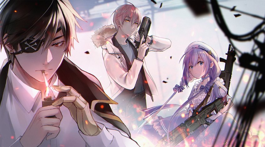 1girl, 2boys, apex_legends, b3_wingman, beret, black_hair, blue_dress, blue_hair