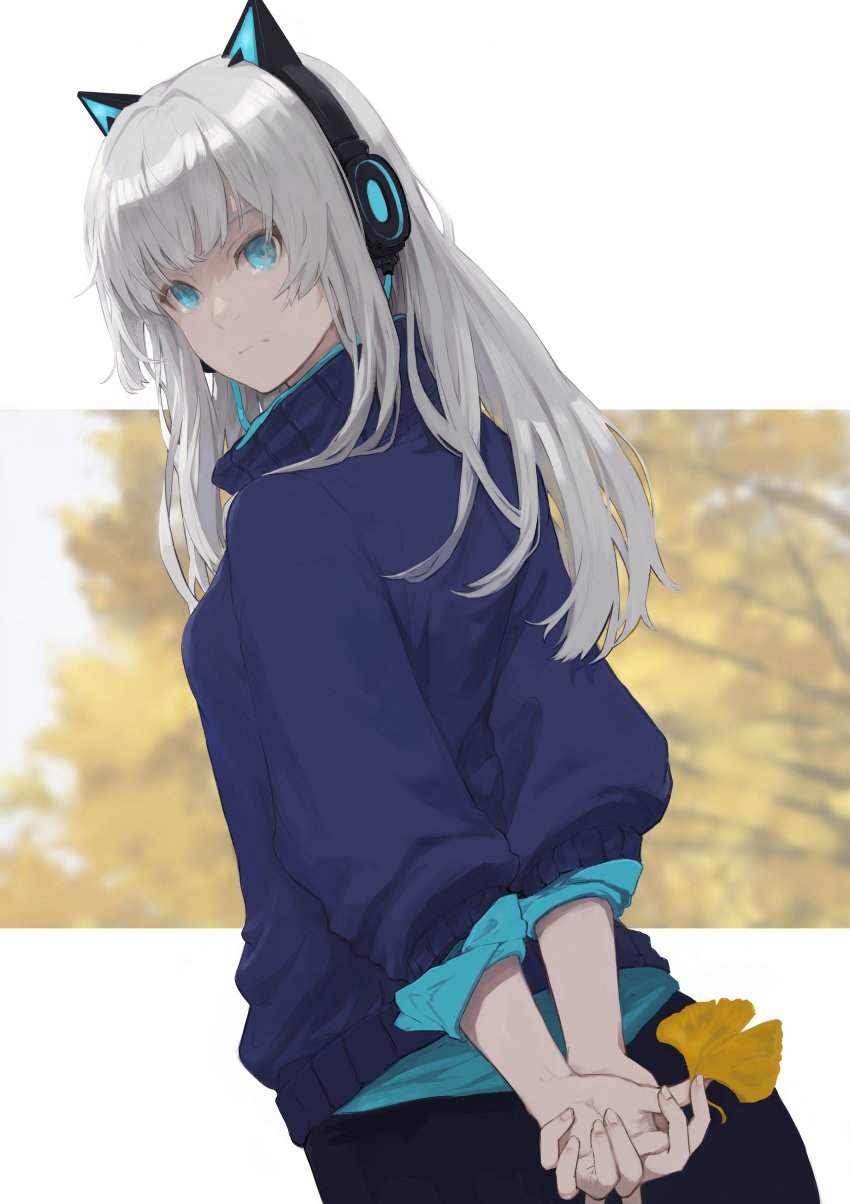1girl, absurdres, alternate_costume, animal_ear_headphones, animal_ears, arms_behind_back, black_pants, blue_sweater, cat_ear_headphones, cat_ears, expressionless, eyebrows_hidden_by_hair, fake_animal_ears, from_behind, headphones, highres, holding, holding_leaf, leaf, looking_back, original, own_hands_together, pants, pexsuki, restya, silver_hair, solo, sweater