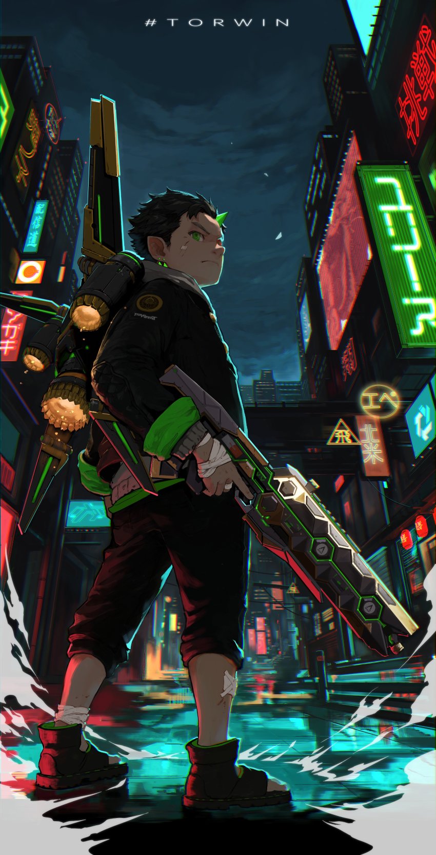 1boy, absurdres, apex_legends, assault_rifle, black_hair, black_jacket, black_shorts, city