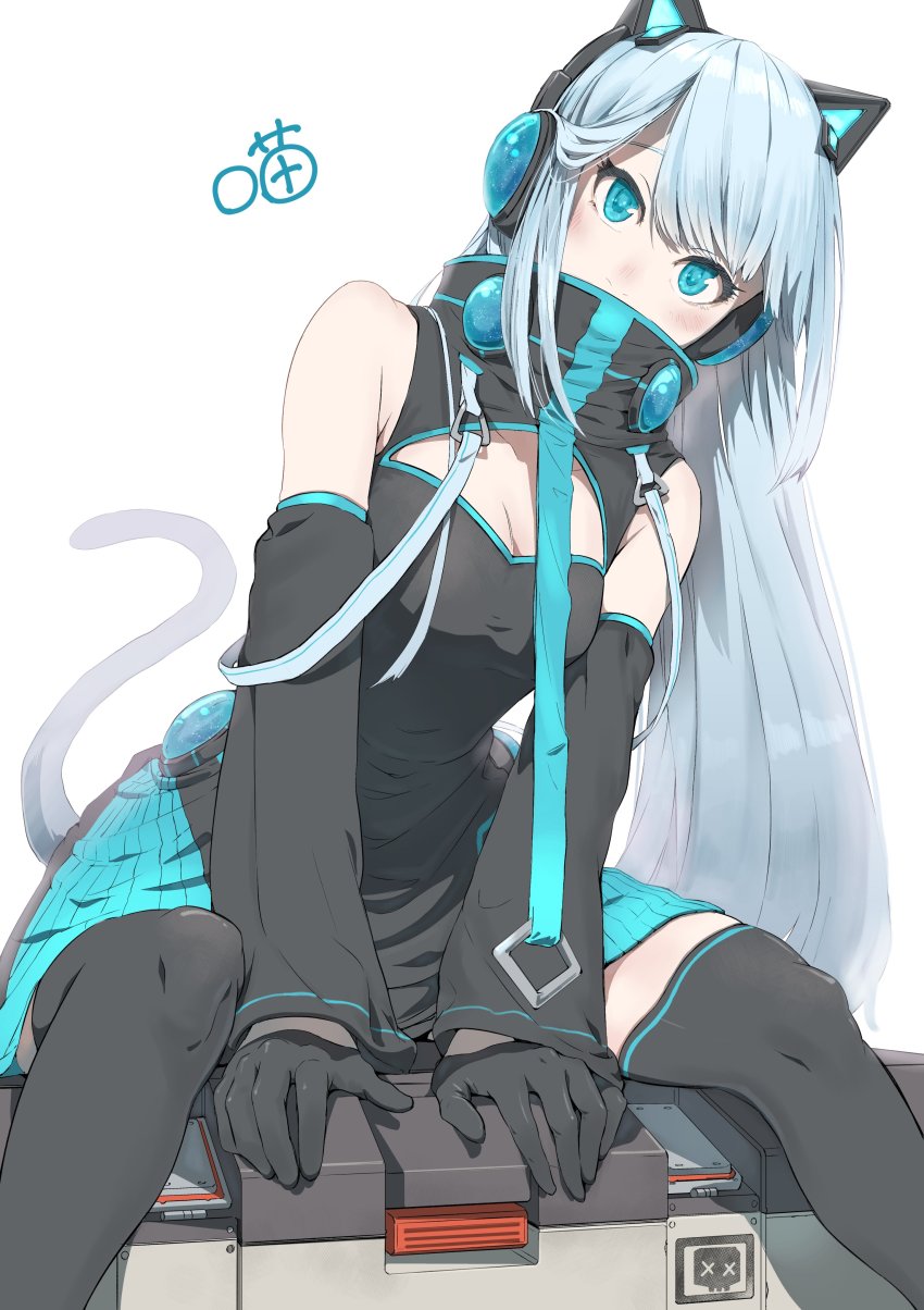1girl, absurdres, animal_ear_headphones, animal_ears, apex_legends, black_dress, black_gloves, blue_eyes, blue_hair, blush, breasts, cat_ear_headphones, cat_ears, cleavage, cleavage_cutout, clothing_cutout, death_box_(apex_legends), detached_sleeves, dress, eyebrows_hidden_by_hair, fake_animal_ears, gloves, headphones, highres, leaning_to_the_side, long_hair, medium_breasts, original, pexsuki, restya, sitting, solo, thighhighs, white_background