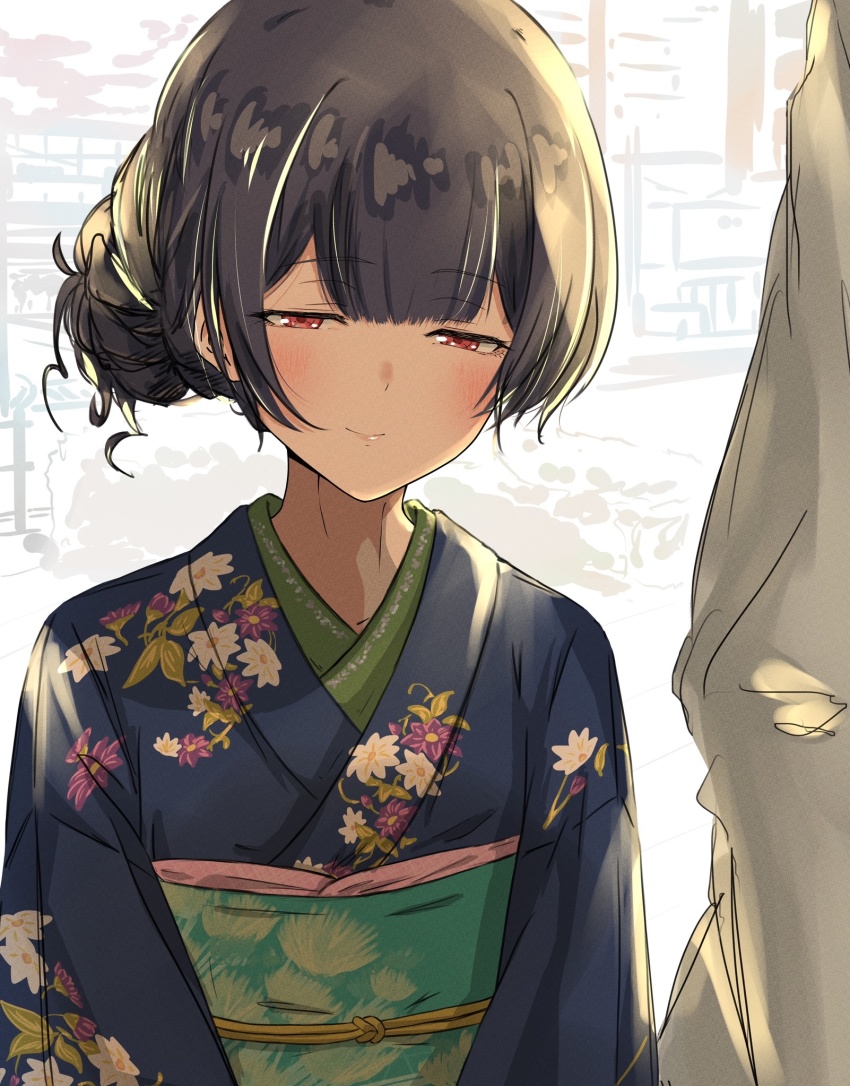 1girl, _o_shiki, blue_hair, blush, highres, idolmaster, idolmaster_shiny_colors, japanese_clothes, kimono, morino_rinze, red_eyes, red_shirt, shirt, smile