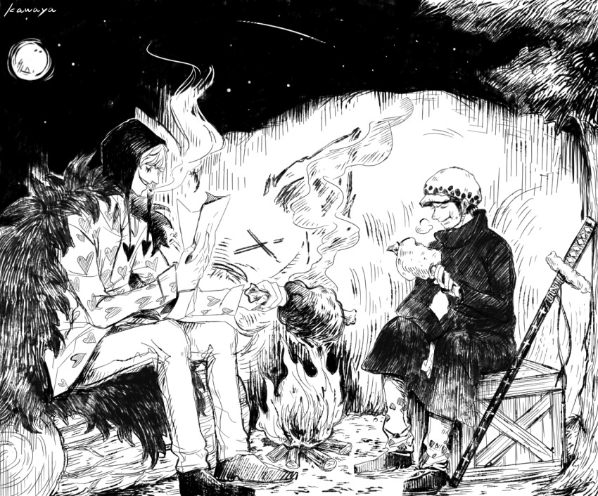 2boys, asapbn, boned_meat, campfire, coat, donquixote_rocinante, eating, fire