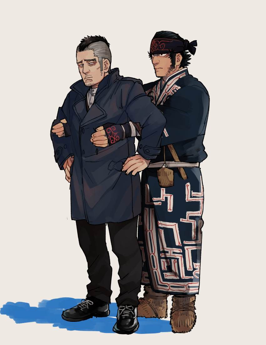 2boys, absurdres, ainu_clothes, black_eyes, black_hair, blue_coat, blue_kimono, coat
