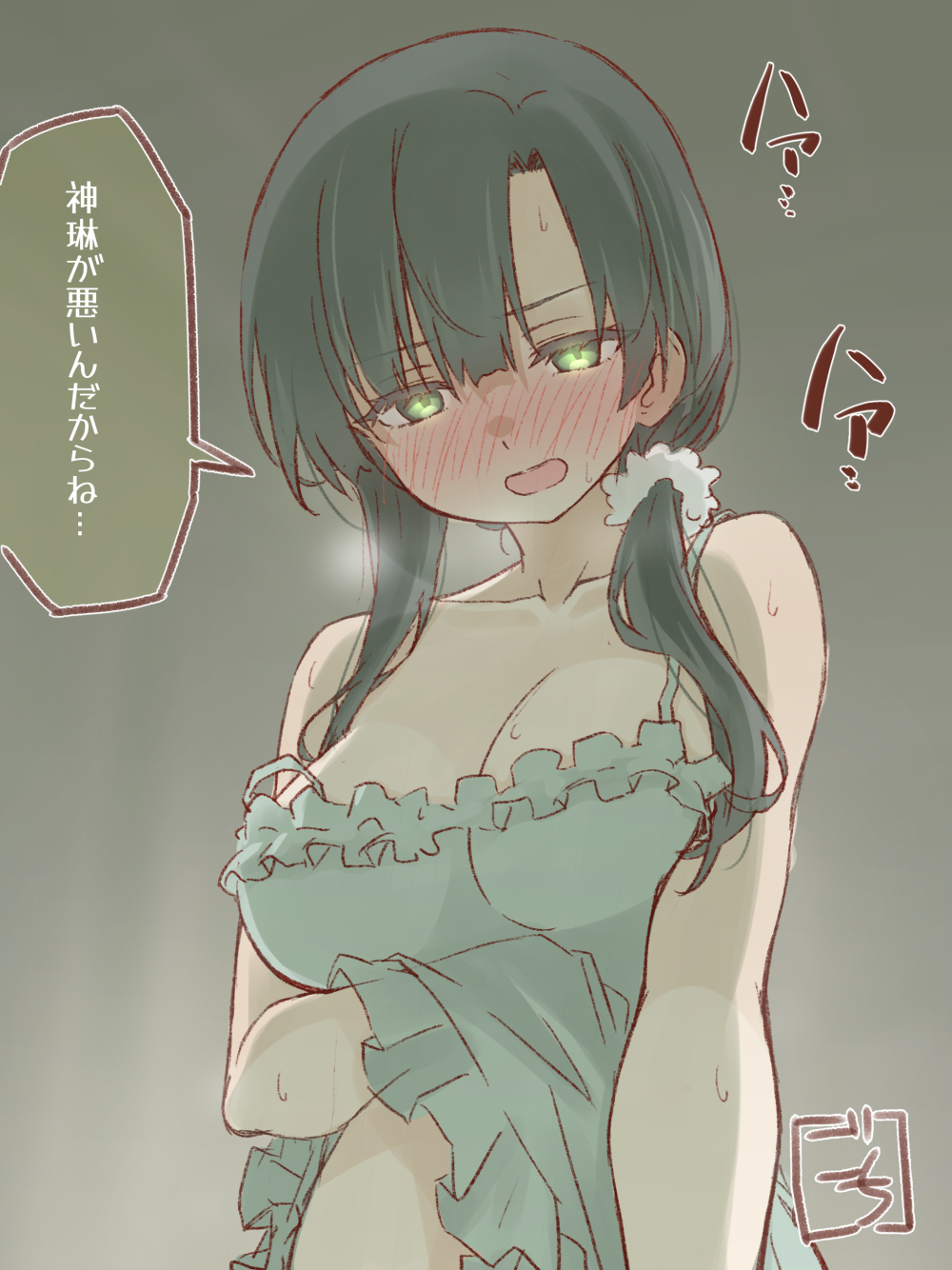 1girl, arm_under_breasts, artist_name, assault_lily, bare_arms, bare_shoulders, black_hair, blush