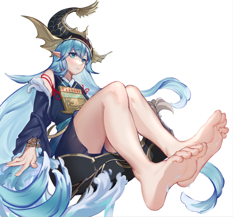 1girl, aqua_eyes, aqua_hair, barefoot, blush, feet, long_hair, looking_at_viewer, onmyoji, pointy_ears, reikai_kingyo_hime, soles, toes