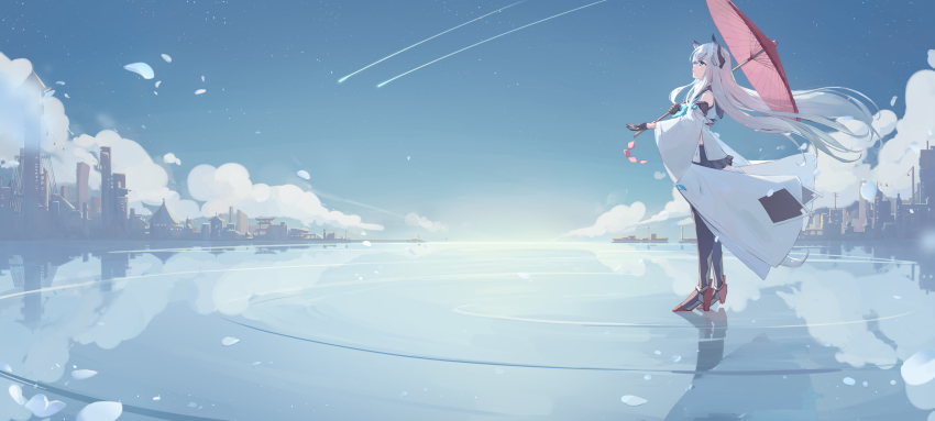 1girl, absurdres, azur_lane, black_gloves, black_skirt, blue_eyes, blue_sky, cityscape