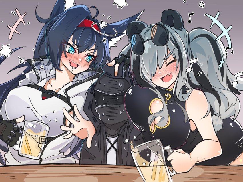 1other, 2girls, ahoge, animal_ears, arknights, beer_mug, blaze_(arknights), blue_hair