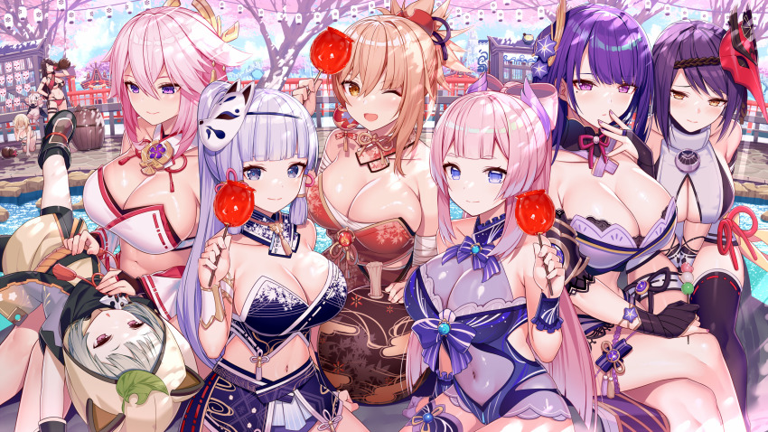 6+girls, ;d, adapted_costume, akusema, alternate_breast_size, animal_hood, arm_support, ayaka_(genshin_impact), bandaged_arm, bandages, bare_shoulders, barrel, beidou_(genshin_impact), between_legs, bikini, bird_mask, black_bikini, black_footwear, black_gloves, black_thighhighs, blue_eyes, blunt_bangs, boots, bracelet, breasts, bridal_gauntlets, candy_apple, cherry_blossoms, cleavage, cleavage_cutout, closed_mouth, clothing_cutout, collarbone, covered_navel, crossed_legs, dango, day, detached_collar, drinking, floating, food, fox_mask, genshin_impact, gloves, grey_hair, hair_between_eyes, hair_ornament, hand_between_legs, hand_up, highres, holding, holding_food, hood, hood_up, japanese_clothes, jewelry, kimono, kneeling, kujou_sara, large_breasts, long_hair, looking_at_viewer, looking_down, lumine_(genshin_impact), lying, mask, mask_on_head, midriff, miniskirt, mole, mole_under_eye, multiple_girls, nail_polish, navel, on_back, one_eye_closed, open_mouth, orange_eyes, outdoors, paimon_(genshin_impact), pink_hair, pond, ponytail, purple_bikini, purple_eyes, purple_hair, purple_nails, raiden_shogun, raised_eyebrow, red_bikini, revealing_clothes, sangonomiya_kokomi, sanshoku_dango, sayu_(genshin_impact), see-through_clothes, shiny_skin, short_hair, side-tie_bikini_bottom, single_thighhigh, sitting, skirt, smile, stomach, strapless, strapless_bikini, swimsuit, tassel, thighhighs, thighs, tree, triangle_mouth, underboob, very_long_hair, vision_(genshin_impact), wagashi, water, yae_miko, yoimiya_(genshin_impact)