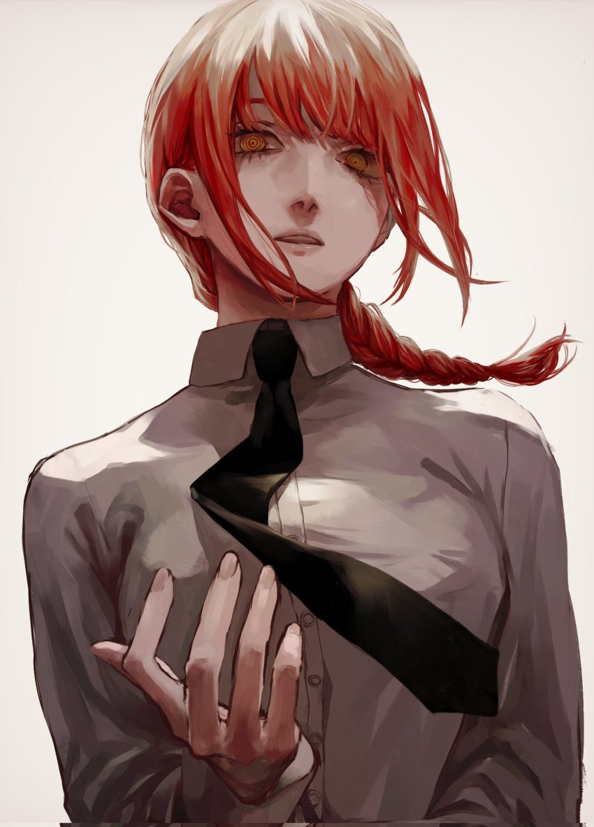 1girl, black_necktie, braid, braided_ponytail, breasts, chainsaw_man, collared_shirt, formal_clothes