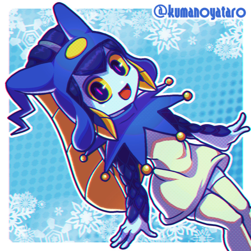 1girl, blue_skin, collar, colored_sclera, colored_skin, cosplay, cowboy_shot, dutch_angle