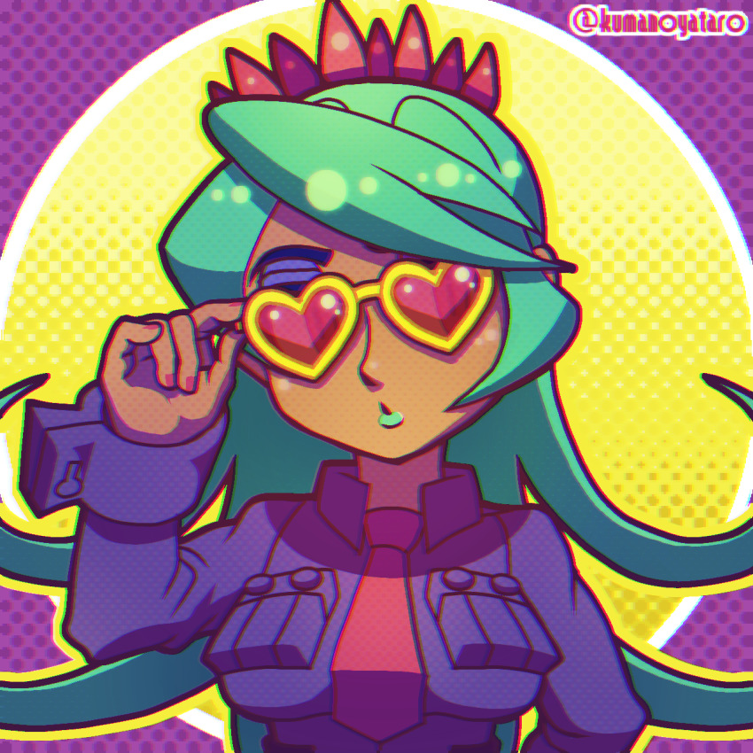 1girl, alternate_color, dark-skinned_female, dark_skin, eyeshadow, fukua_(skullgirls), green_hair, green_lips, heart, heart-shaped_eyewear, highres, kumanoyataro, makeup, nail_polish, necktie, purple_background, red_nails, skullgirls, solo, sunglasses, yellow_background