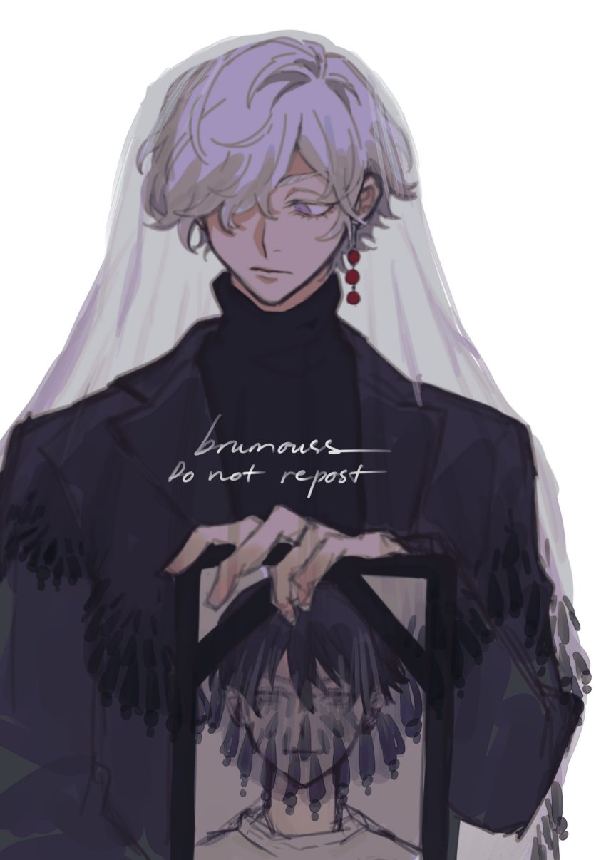 1boy, black_suit, brumouss, closed_mouth, earrings, eyelashes, formal_clothes, hair_over_one_eye