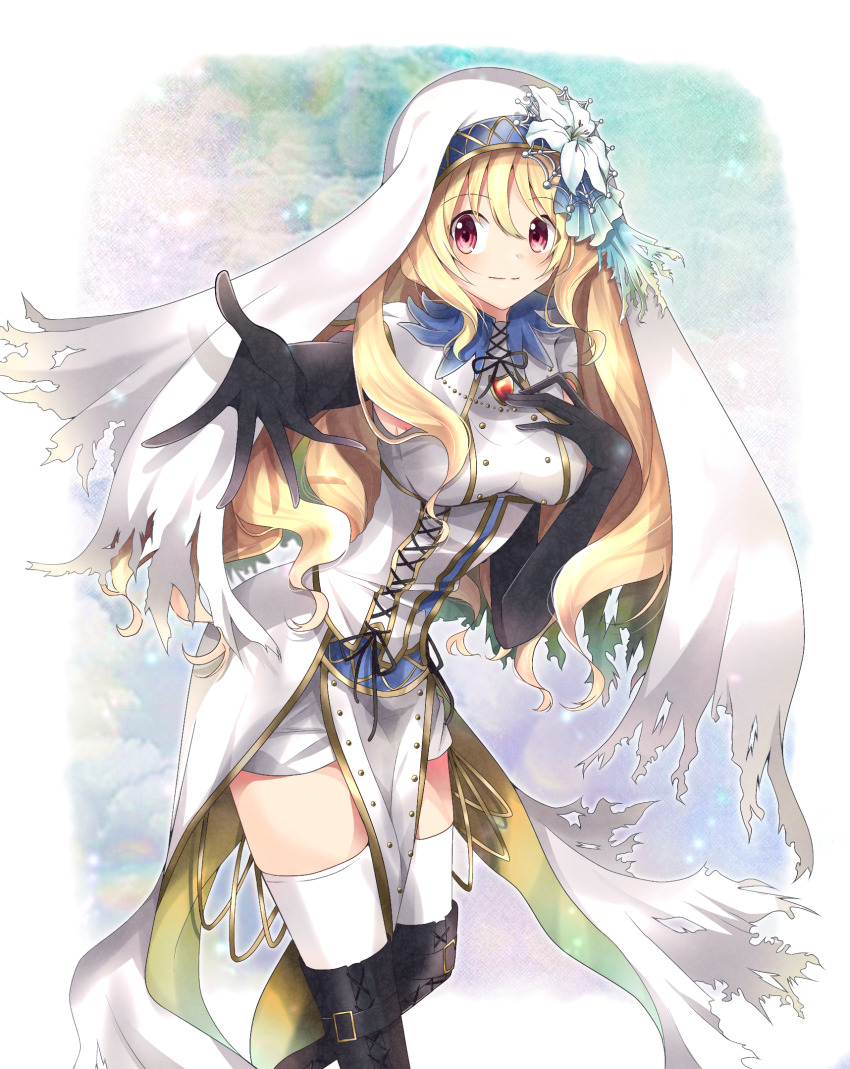 1girl, blonde_hair, breasts, dot_nose, elbow_gloves, gloves, highres, long_hair, magia_record:_mahou_shoujo_madoka_magica_gaiden, mahou_shoujo_madoka_magica, red_eyes, simple_background, skirt, smile, solo, thighhighs, thighs, togame_momoko, togame_momoko_(sister_ver.), white_background, yuramero67, zettai_ryouiki