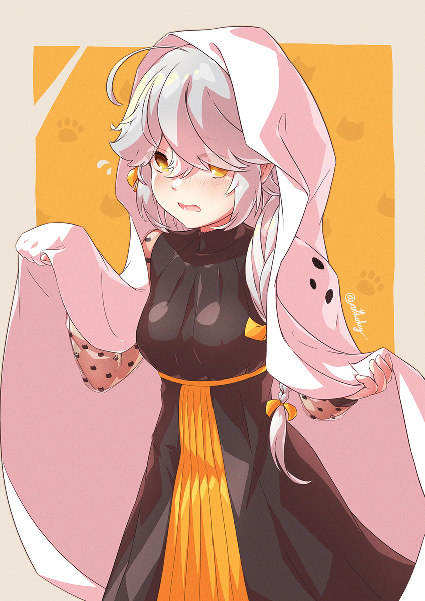 1girl, ahoge, arthur_ko, black_dress, braid, breasts, dress, ghost_costume