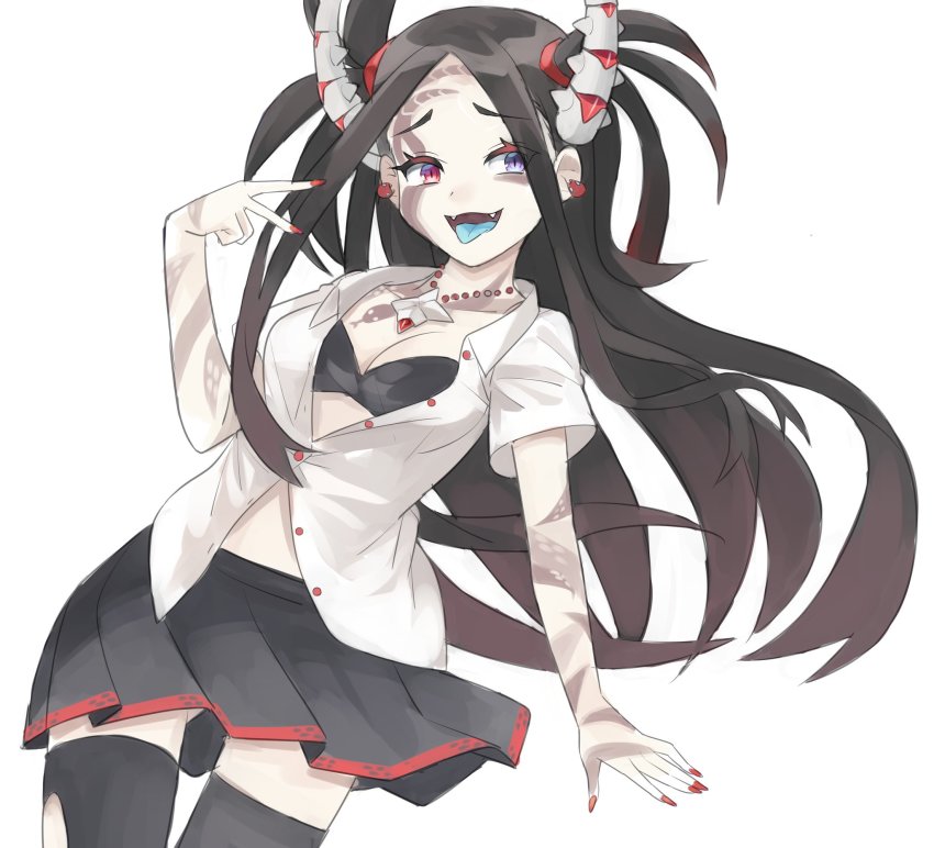 1girl, alternate_costume, arm_tattoo, black_bra, black_hair, black_skirt, black_thighhighs, blue_tongue