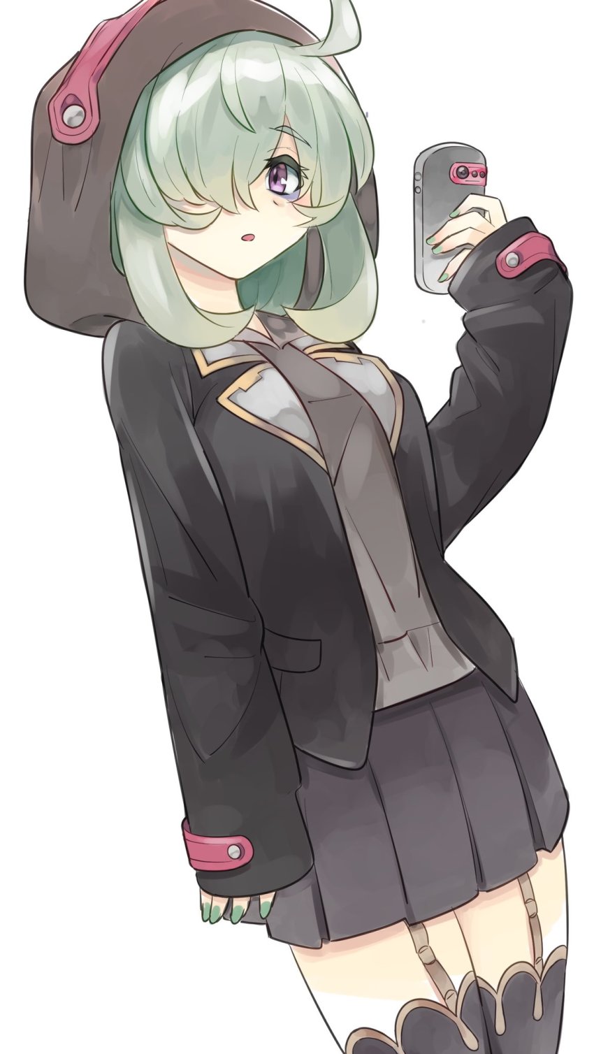 1girl, ahoge, alternate_costume, black_jacket, black_skirt, black_thighhighs, breasts, cellphone