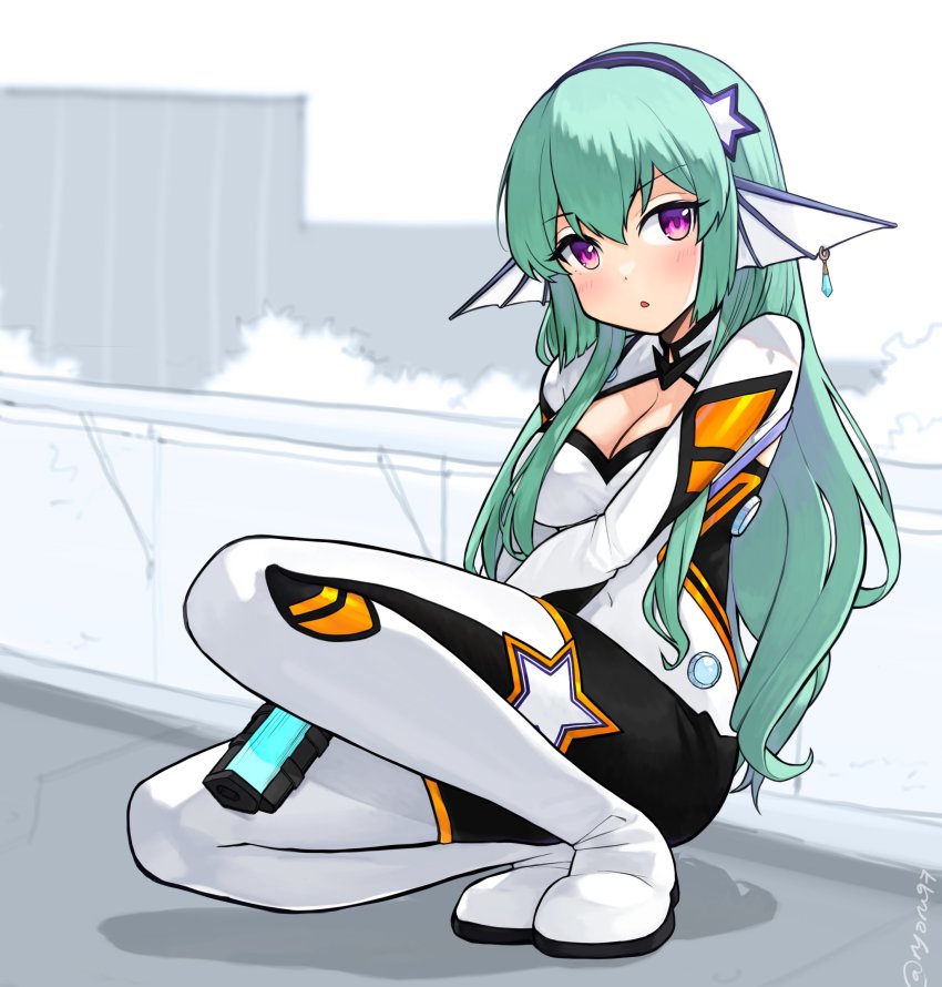 1girl, blue_hairband, bodysuit, breasts, cleavage, cleavage_cutout, clothing_cutout, cosplay