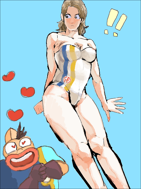 !, !!, 1boy, 1girl, artist_request, bare_legs, blue_background, blush