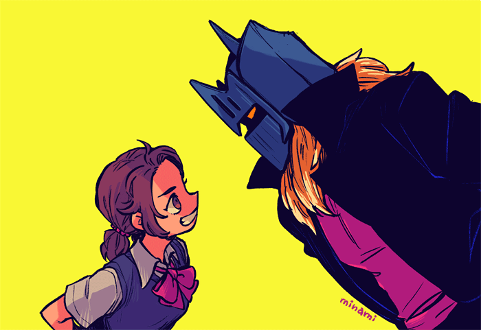 1boy, 1girl, artist_request, blonde_hair, breasts, brown_eyes, brown_hair, grin