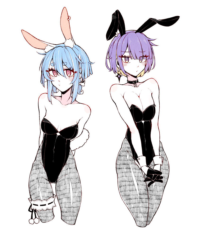 2girls, alternate_hair_length, alternate_hairstyle, animal_ears, area_15, arms_behind_back, bare_arms, bare_shoulders