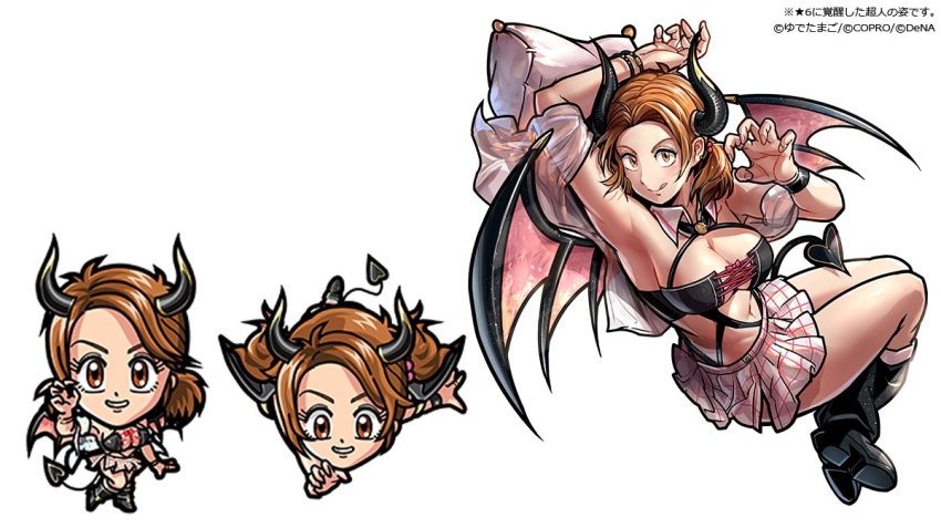 1girl, artist_request, breasts, brown_eyes, brown_hair, chibi, cleavage, demon_girl