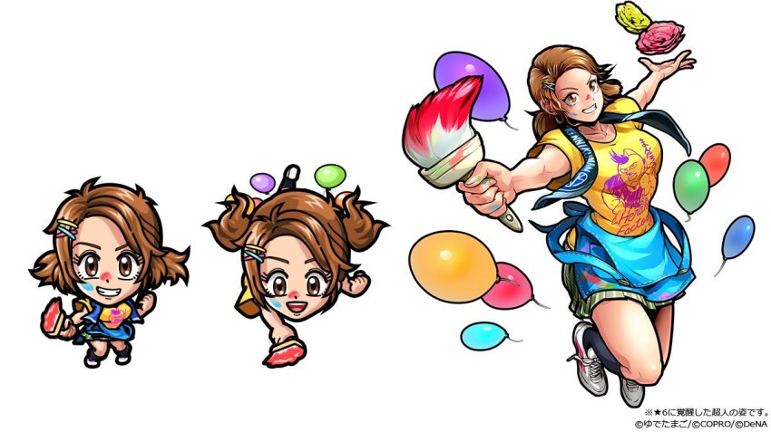 1girl, artist_request, breasts, brown_eyes, brown_hair, chibi, jumping, kinnikuman