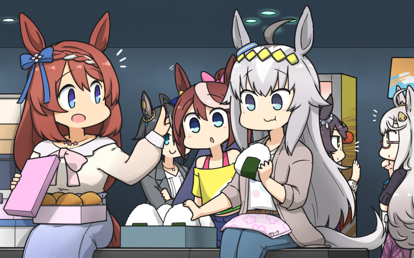 6+girls, ahoge, animal_ears, arcade, arcade_cabinet, bandaid, bandaid_on_face, bandaid_on_nose