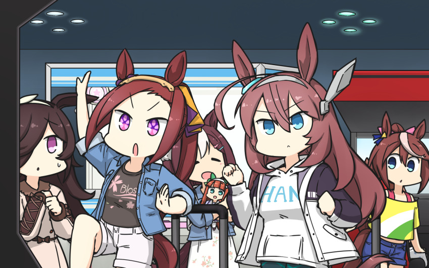 5girls, :<, ahoge, animal_ears, arcade, arcade_cabinet, bemani, brown_hair