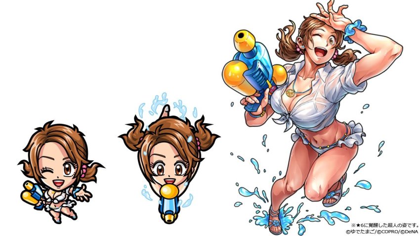 1girl, artist_request, bikini, bikini_skirt, breasts, brown_eyes, brown_hair, chibi, curvy, jumping, kinnikuman, kinnikuman_nisei, large_breasts, long_hair, looking_at_viewer, low_twintails, multiple_views, nikaidou_rinko_(kinnikuman), official_art, one_eye_closed, simple_background, smile, swimsuit, twintails, water, water_gun, white_bikini, wink