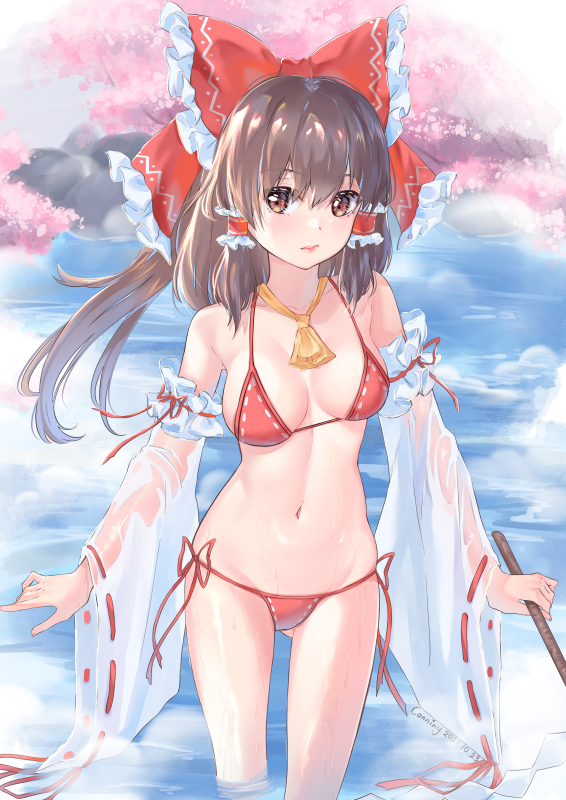 1girl, :/, adapted_costume, ascot, bare_shoulders, bikini, blush, bow