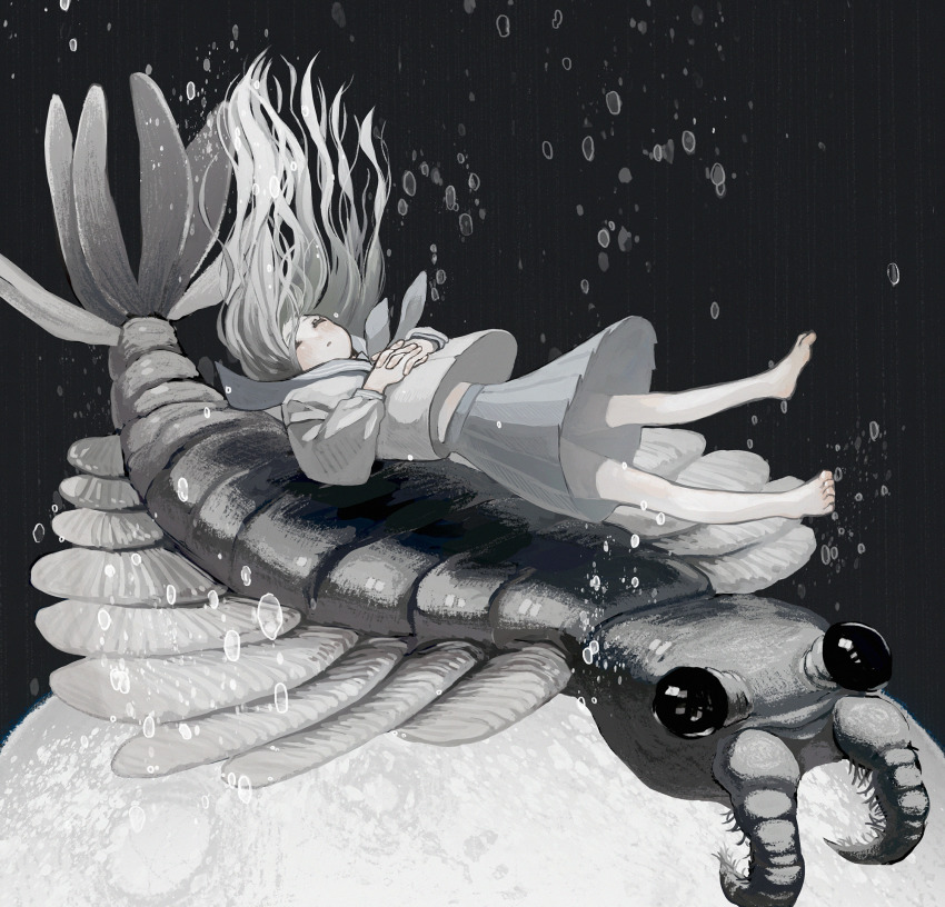 1girl, anomalocaris, artist_request, bare_legs, barefoot, blouse, bubble, closed_eyes