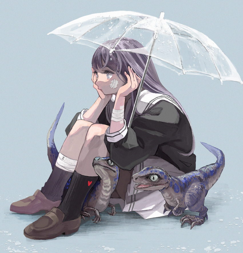 1girl, black_shirt, black_socks, blue_background, brown_shoes, dinosaur, grey_hair, hands_up