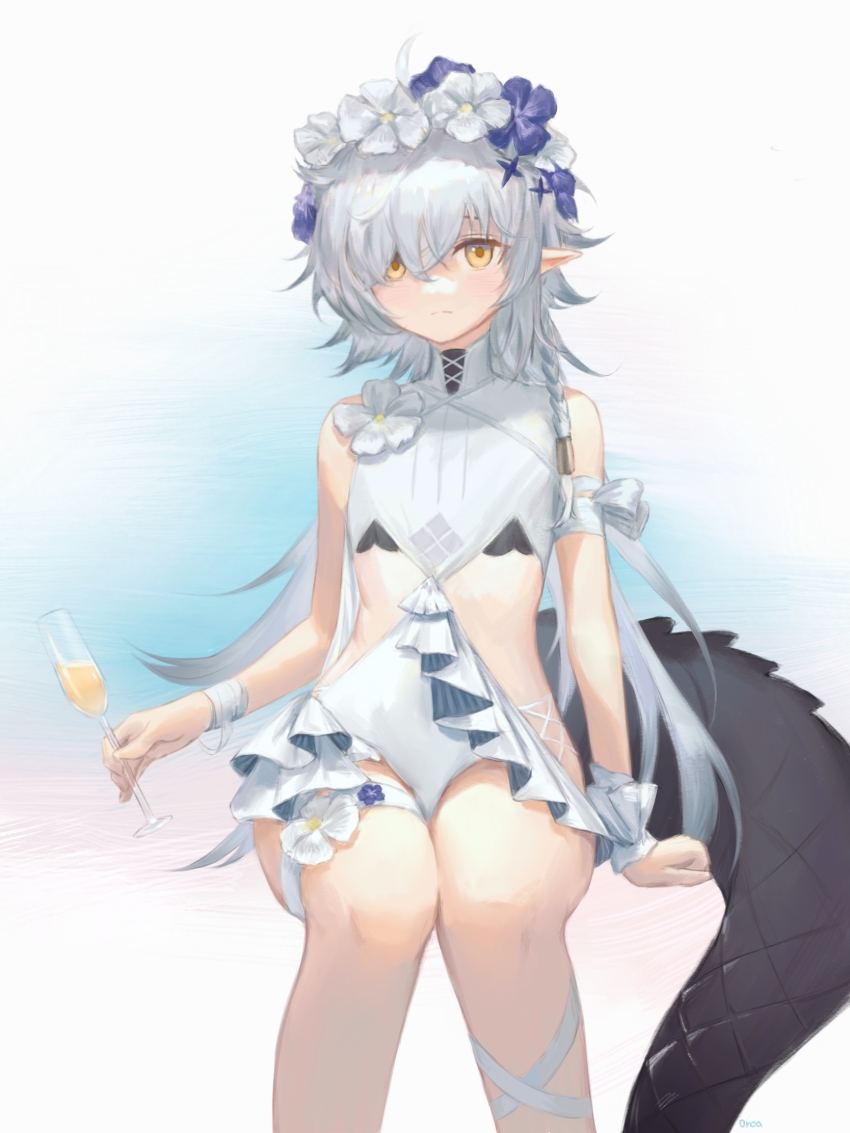 1girl, ahoge, arknights, arm_support, armband, blue_flower, blush, champagne_flute, commentary, crocodilian_tail, cup, drinking_glass, feet_out_of_frame, flower, hair_between_eyes, head_wreath, highres, holding, holding_cup, looking_at_viewer, official_alternate_costume, one-piece_swimsuit, orca_(dragooon-yike), pointy_ears, short_hair, sitting, straight-on, swimsuit, tail, tomimi_(arknights), tomimi_(silent_night)_(arknights), waist_cutout, white_background, white_flower, white_one-piece_swimsuit, yellow_eyes
