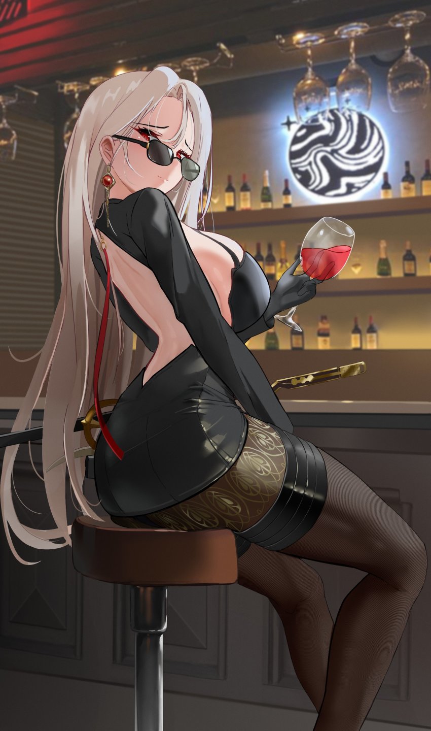 1girl, absurdres, alcohol, backless_outfit, bar_stool, black_dress, bottle, breasts