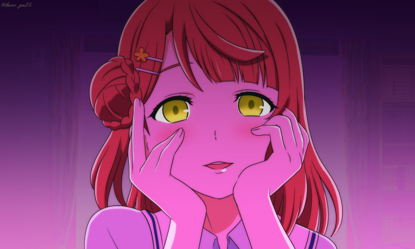 1girl, asymmetrical_bangs, blush, braid, braided_bun, bun_with_braided_base, hair_bun, hair_ornament, hairclip, hands_on_own_cheeks, hands_on_own_face, kousaka_kure, looking_at_viewer, love_live!, love_live!_nijigasaki_high_school_idol_club, medium_hair, open_mouth, out_of_frame, portrait, red_hair, signature, simple_background, single_hair_bun, solo, star_(symbol), uehara_ayumu, upper_body, yandere, yandere_trance, yellow_eyes